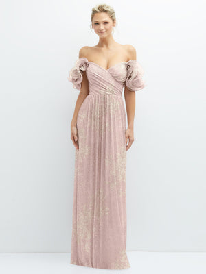 Metallic pleated maxi dress in pale pink with ruffle off-shoulder trim and gold floral print