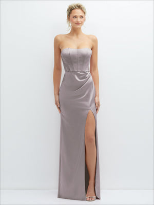 Strapless satin maxi dress in taupe gray with draped waist and front slit