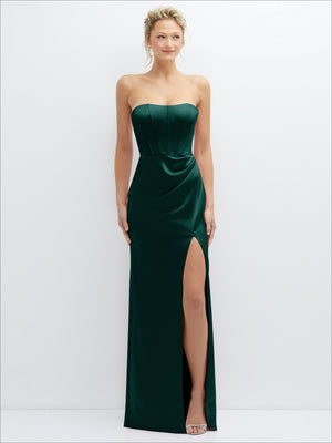 Deep green strapless corset satin maxi dress with draped waist and thigh-high slit
