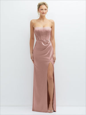 Strapless mauve satin maxi corset dress with draped waist and front slit