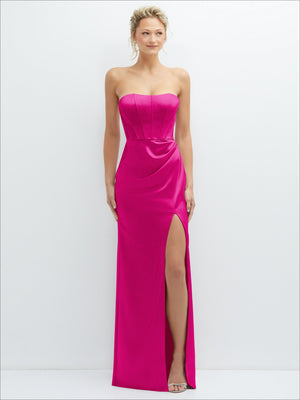 Hot pink strapless satin corset maxi dress with draped waist and front slit