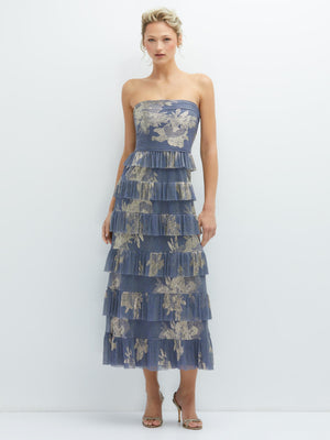 French blue strapless midi dress with tiered ruffled pleats and gold floral foil print