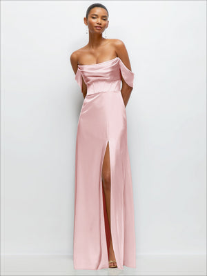 Ballet pink satin A-line maxi dress with convertible off-shoulder straps and side slit