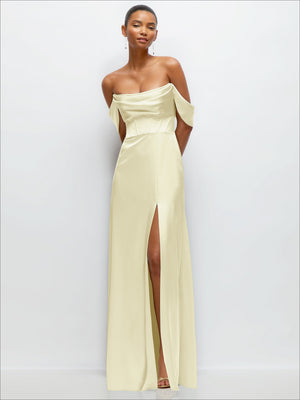 Butter yellow satin A-line maxi dress with draped off-shoulder neckline and front slit