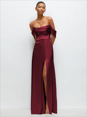 Burgundy satin A-line maxi dress, off-shoulder fold neckline, front slit