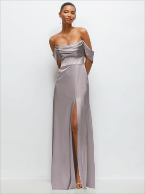Light gray satin A-line maxi dress with convertible off-the-shoulder drape and front slit