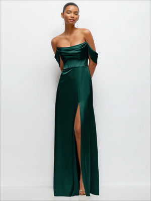 Dark green satin maxi dress with off-shoulder back drape and long front slit