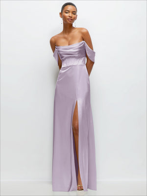 Lavender satin A-line maxi dress with convertible off-shoulder neckline and side slit