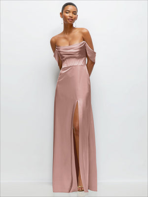 A-line satin maxi dress with convertible off-shoulder look, ruched bodice, and side slit.