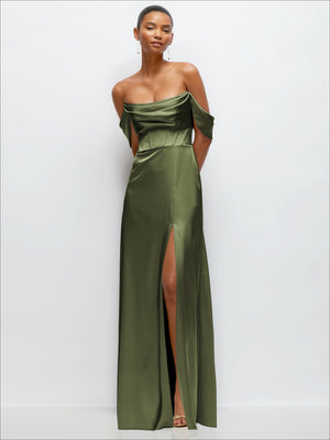 A-line satin maxi dress in olive green, off-shoulder neckline with front slit.