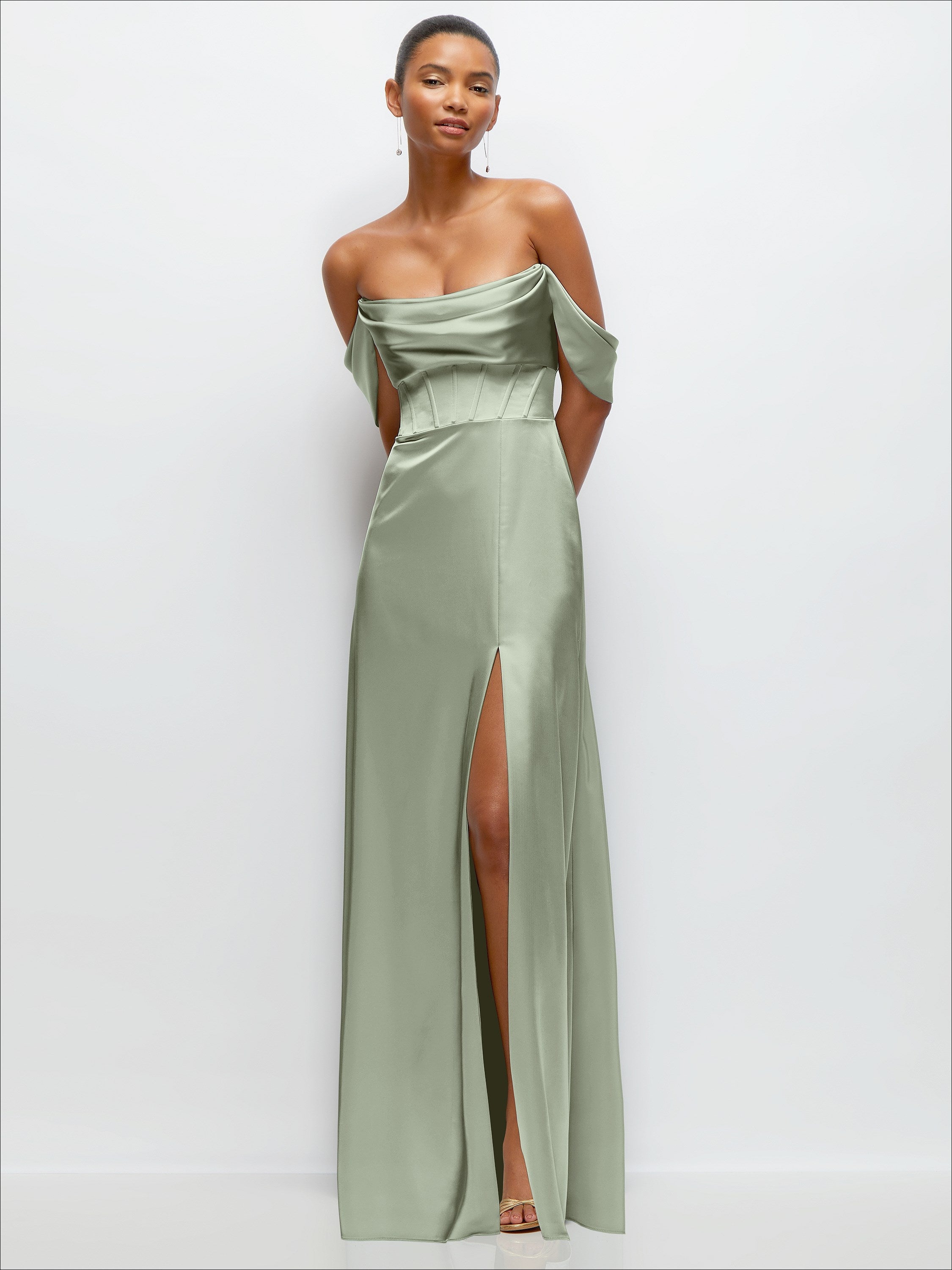 A-Line Satin Maxi Dress with Convertible Off-the-Shoulder or Strapless