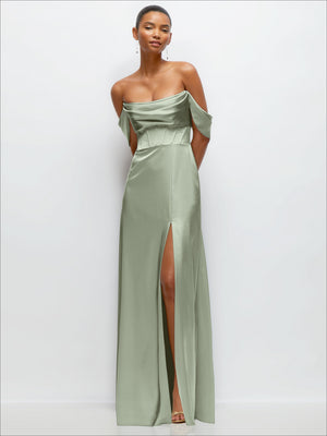 Olive green satin A-line maxi dress with convertible off-shoulder neckline and side slit