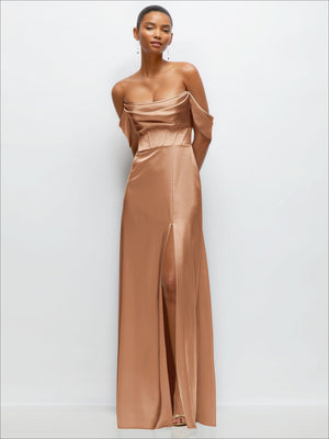 Copper satin A-line maxi dress, convertible off-shoulder with side slit