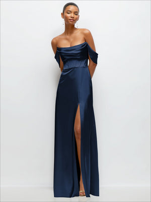 Navy satin A-line maxi dress, convertible off-shoulder neckline with front slit