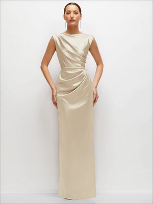 Cream satin maxi dress, sleeveless high neck with draped ruching at the waist