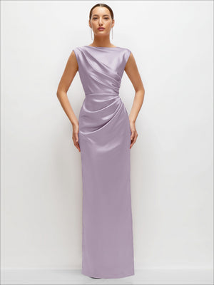 Lilac satin high-neck sleeveless maxi dress with draped waist detail