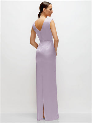 Lilac satin high-neck sleeveless maxi dress, back view with side slit