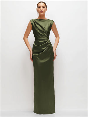 Olive green satin maxi dress, sleeveless high neckline, gathered waist wrap detail