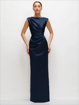 Dark satin maxi dress with high neck and ruched waist drape, sleeveless