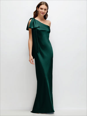 Evergreen one-shoulder satin maxi dress with cascading shoulder bow, bias-cut drape