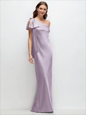 Lavender one-shoulder bias-cut satin maxi dress with cascading shoulder bow