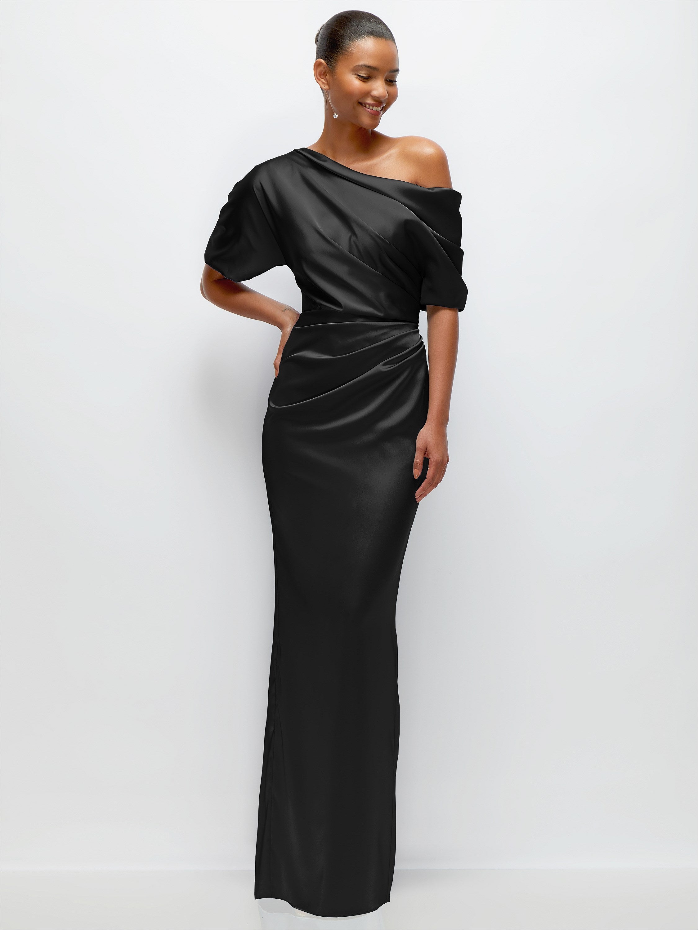 Asymmetrical Off-the-Shoulder Pleated Satin Maxi Dress