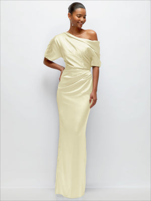 Asymmetrical off-the-shoulder pleated satin maxi dress, pale yellow, draped shoulder