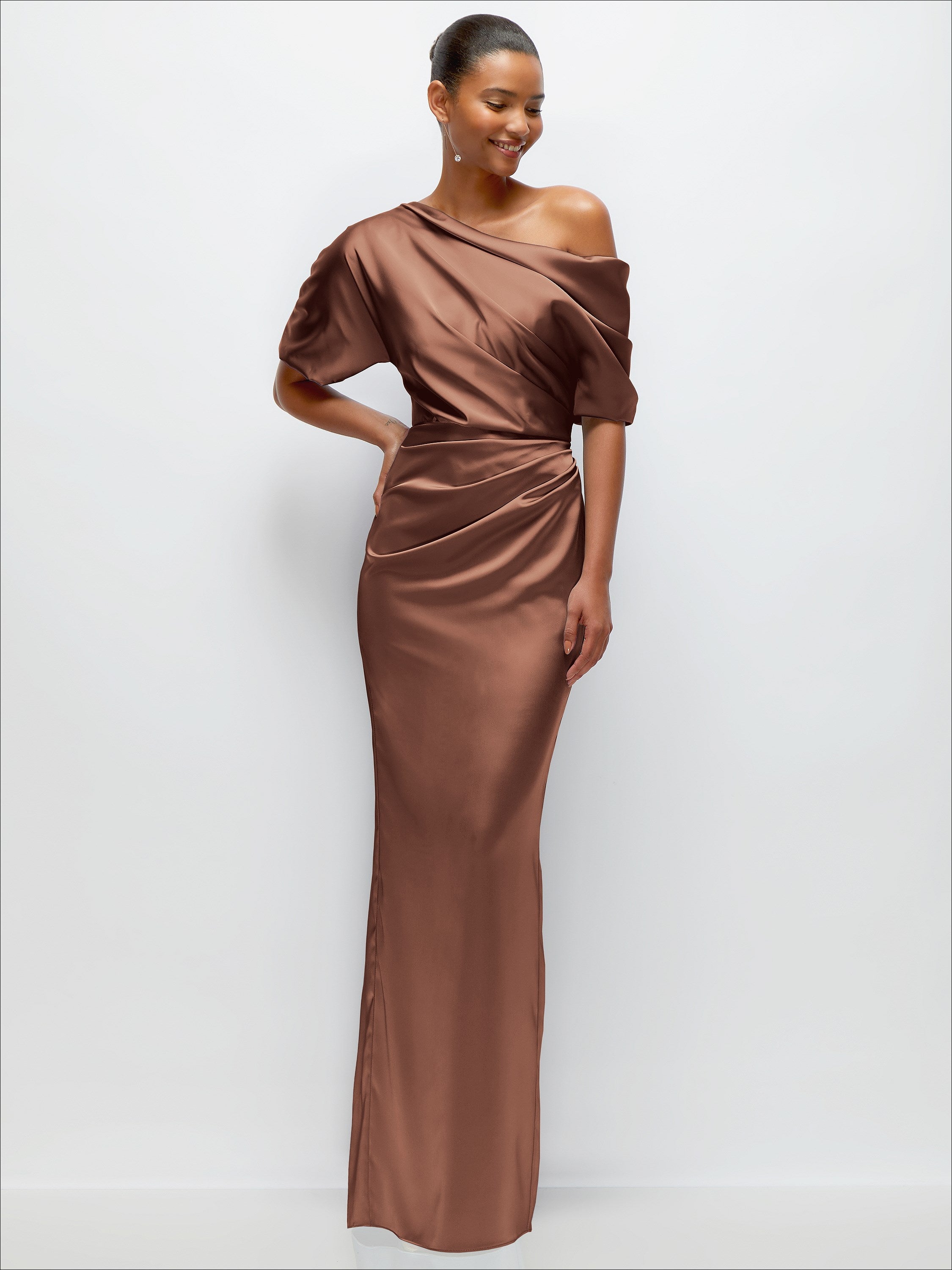 brown satin off shoulder dress Asymmetrical Off-the-Shoulder Pleated Maxi chocolate brown maxi dress The Nightlace size-3xl A soft V shaped Color:Dark Purple