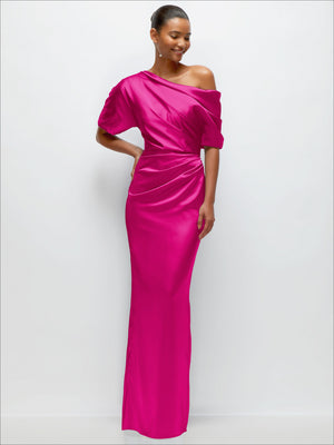 Asymmetrical off-the-shoulder satin maxi dress in bright fuchsia pink, draped bodice