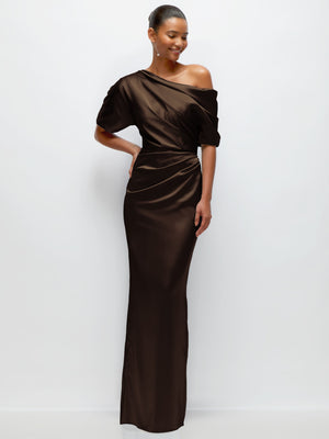 Espresso satin maxi dress with asymmetrical off-shoulder neckline and short sleeves