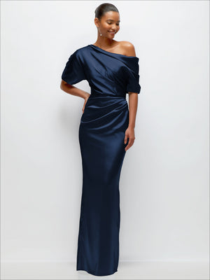 Navy satin maxi dress with asymmetrical off-the-shoulder neckline and pleated side drape