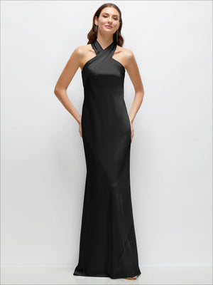 Black satin maxi dress, halter neckline with pleated bias cut, front view