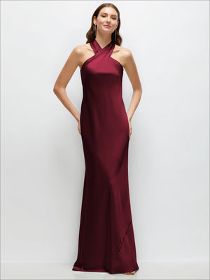 Cabernet satin maxi dress with halter neckline and fitted bias silhouette, side slit