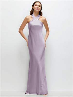 Lavender satin halter maxi dress with pleated bodice and self-tie back bow