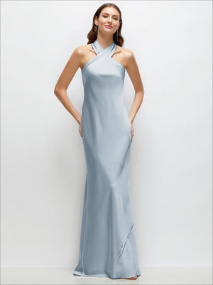 Light blue satin halter maxi dress with pleated bias drape and long straight silhouette