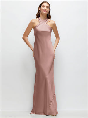 Rose satin halter bias maxi dress with pleated bodice and side slit detail