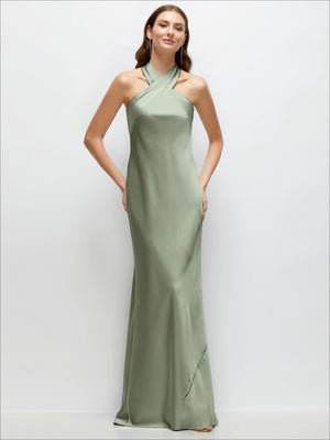 Pleated halter satin maxi dress in pale sage, bias cut with self-tie bow back