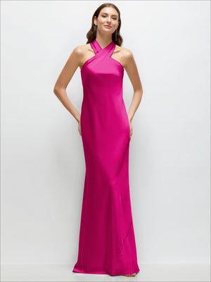 Magenta satin maxi dress with halter neckline and long bias drape, side slit