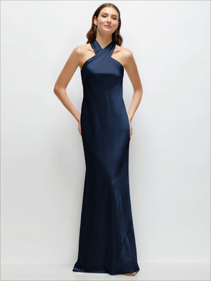 Satin halter maxi dress with self-tie bow back, dark navy black.