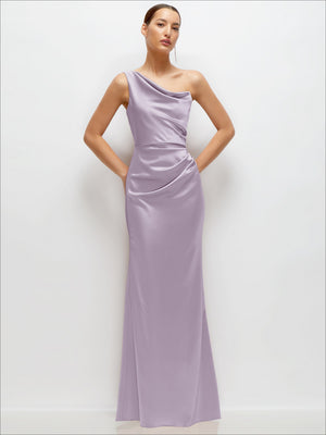 Lavender one-shoulder satin maxi dress with draped cowl neckline and fitted waist