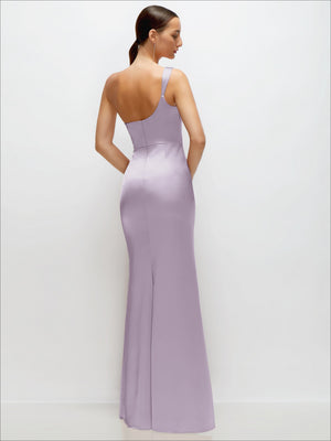 Lavender satin maxi dress, back view with thin straps and fitted silhouette