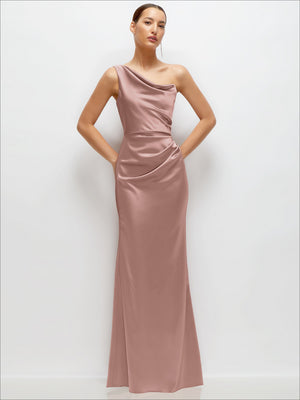 One-shoulder cat-eye satin maxi dress in ballet pink, draped fit-and-flare silhouette