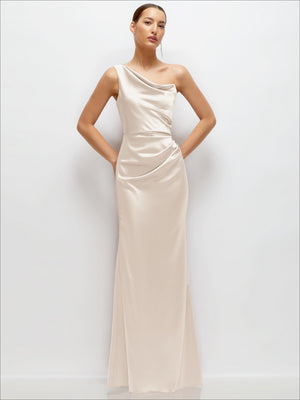 One-shoulder cat-eye satin maxi dress in champagne, draped fit-and-flare silhouette