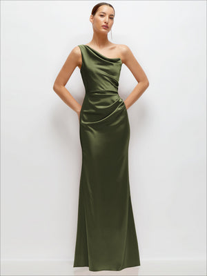 Olive green one-shoulder satin maxi dress with cat-eye neckline, fitted waist and flare hem