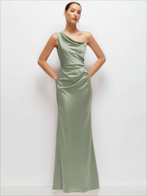Sage one-shoulder satin maxi dress with cat-eye neckline, draped fit, flared hem