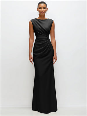 Black sleeveless crepe maxi dress with V-back and draped waist, trumpet skirt