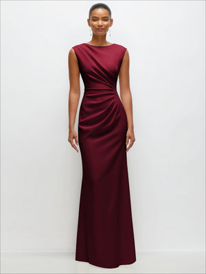 Burgundy sleeveless crepe maxi dress with side ruching and flared trumpet hem