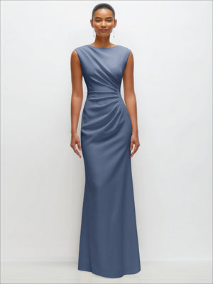 Sleeveless cap-shoulder crepe maxi dress in medium blue with ruched draped bodice