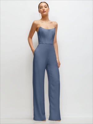 Powder blue strapless corset wedding jumpsuit with wide-leg pants
