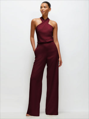Burgundy halter blouson crepe wedding jumpsuit with wide-leg straight cut